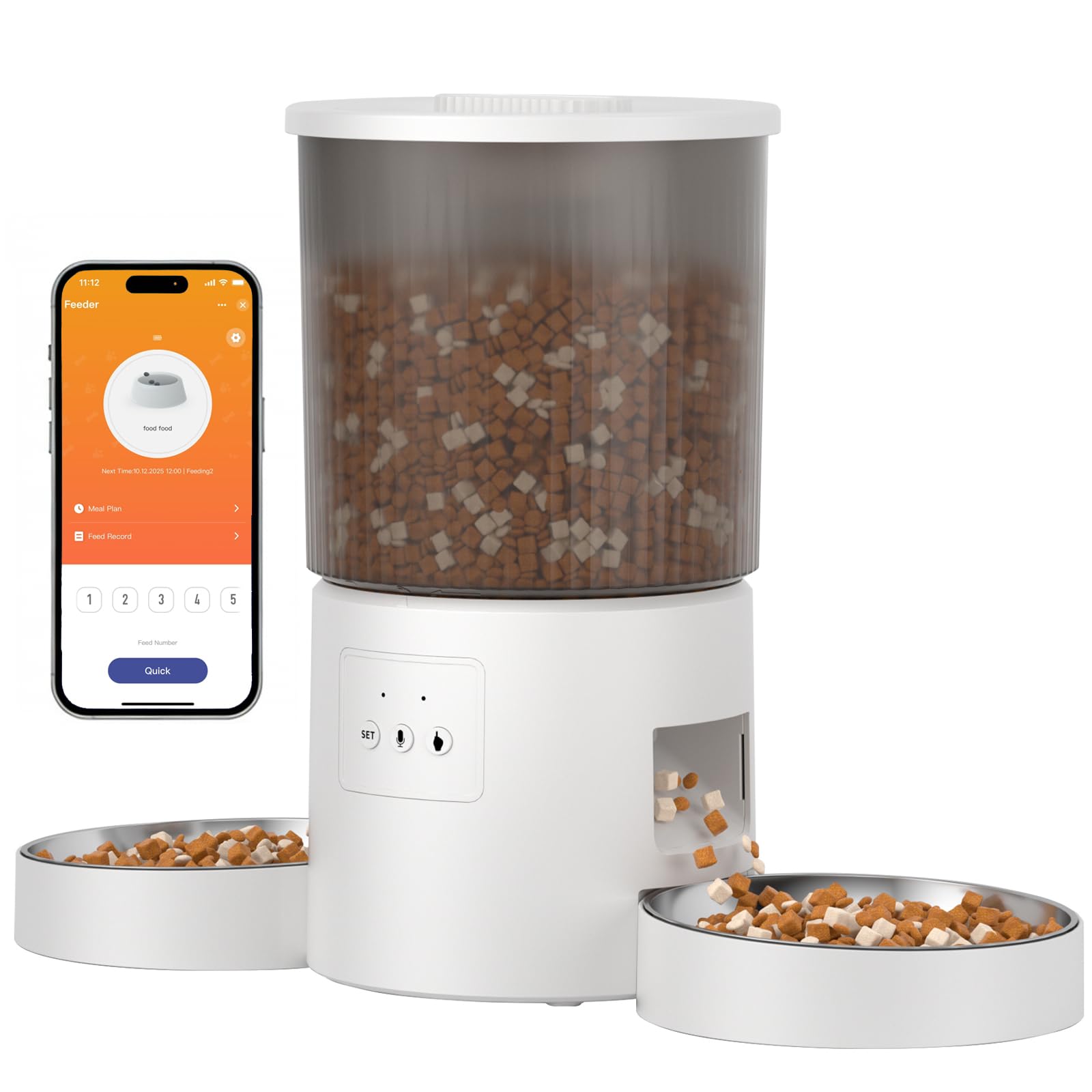 Automatic Cat Feeder, 2.4GHz WiFi Automatic Dog Food Dispenser, Fresh Protection, 4L Timer Feeder, Personalized Recording 10 Seconds, Easy to Clean, Stainless Steel Bowl (Double/White)