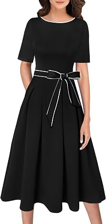 VFSHOW Womens Work Business Casual Church Pockets Belted A-Line Midi Dress