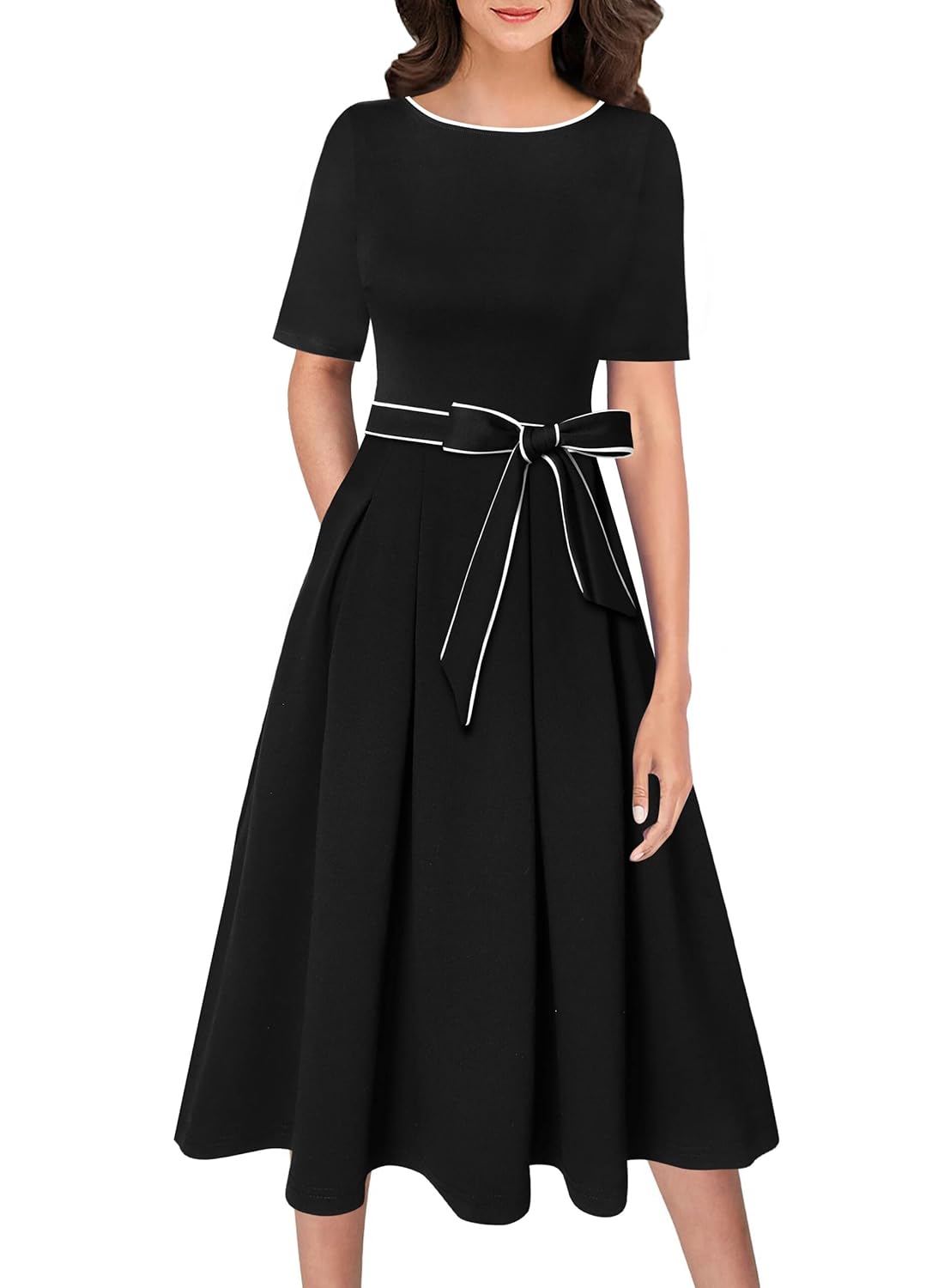 VFSHOW Womens Elegant Patchwork Pockets Pleated Work Office Business Casual Party Belted A-Line Midi Dress