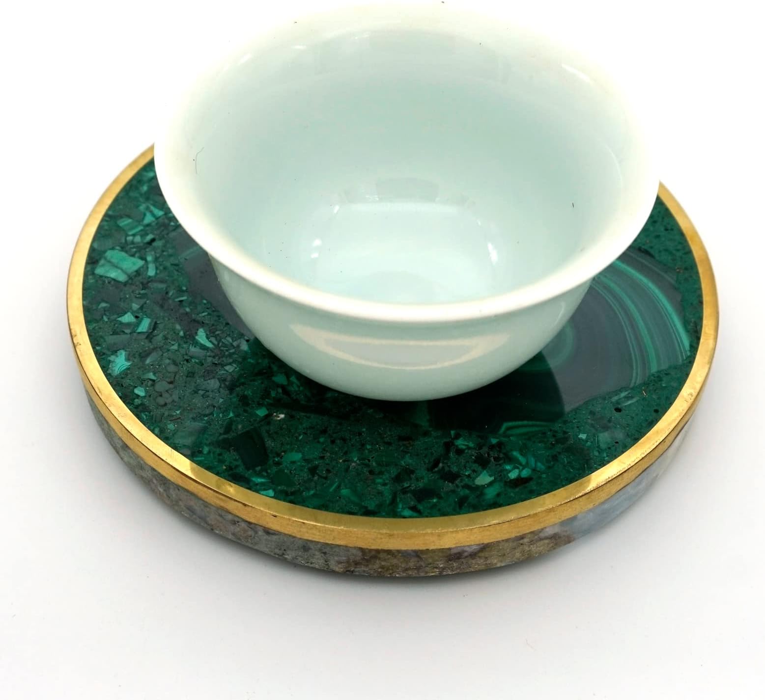 3'' Malachite Coaster Single Piece, Green Malachite Round Coaster for Drinks, Natural Malachite Stone with Copper Metal Edge, Gemstone Decor Gifts (Gold)