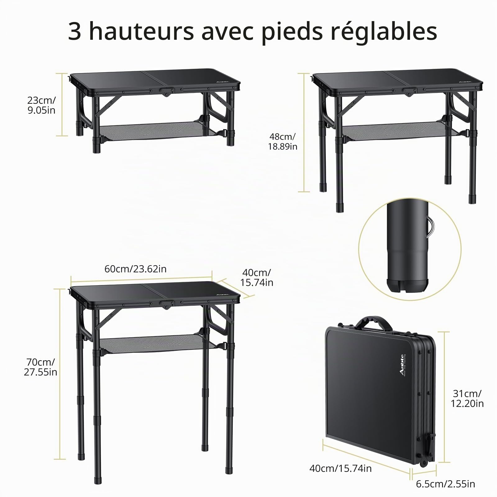 Anbte Table de Camping Pliante avec Filet de Rangement, Table de Pique-Nique Portable en Alliage d'Aluminium Réglable en Hauteur, Petite Table Légère (3 hauteurs) pour Intérieur/Extérieur, Cuisine