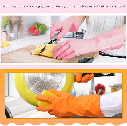 Miniatura 5 de Alimat PluS Guantes de goma para lavar platos de 3 colores sin forro, guantes de limpieza reutilizables sin látex, guantes de limpieza impermeables