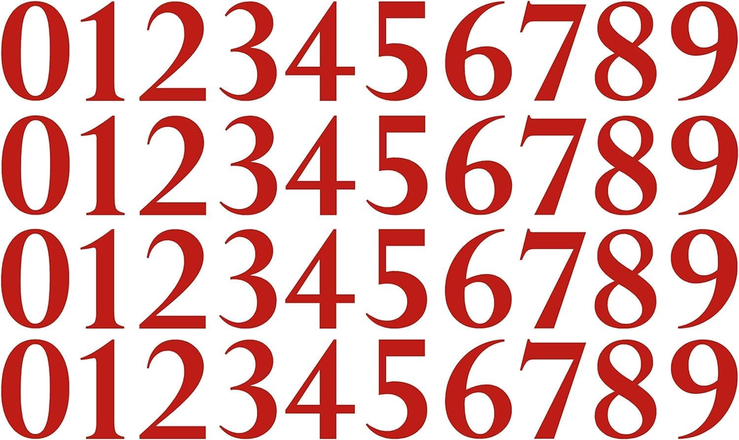 0-9 Numbers Red Vinyl Sticker Decals Set of 40 (V1546RedPerpetua) (10")