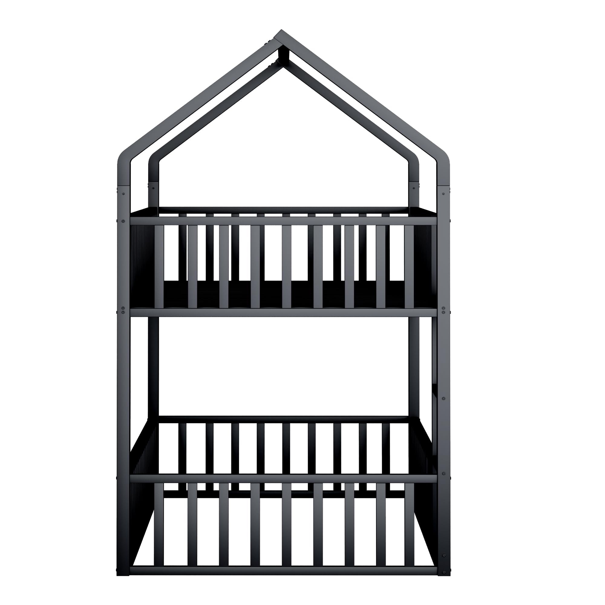 Letto a castello per bambini a forma di casa 90x200 per 2 bambini, lettino in metallo con scala e griglia di sicurezza, letto inferiore con porta piccola per aprire e chiudere (nero, 90x200)