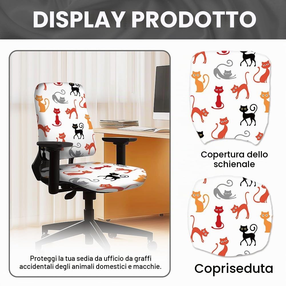 Set di 2 coprisedie da ufficio in poliestere, con motivo a gatti, con simpatici animali, elastici, universali, per sedie rotanti, per computer, regali per ufficio