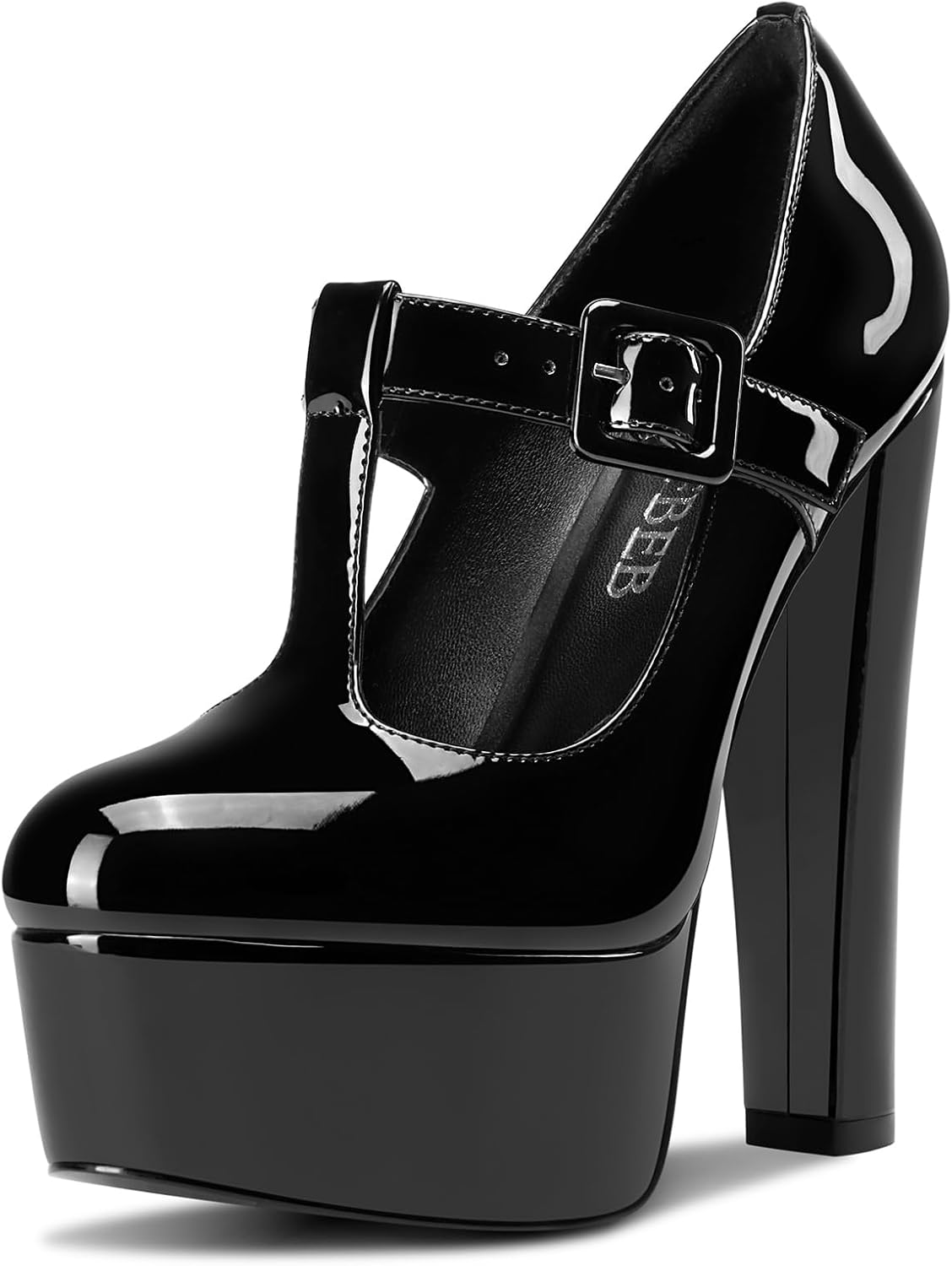 TNYNFBEB Womens Chunky Block High Platform Heel Close Toe Pumps T-Strap Buckle Prom Party Dress Patent Leather 5.9 Inches Heels