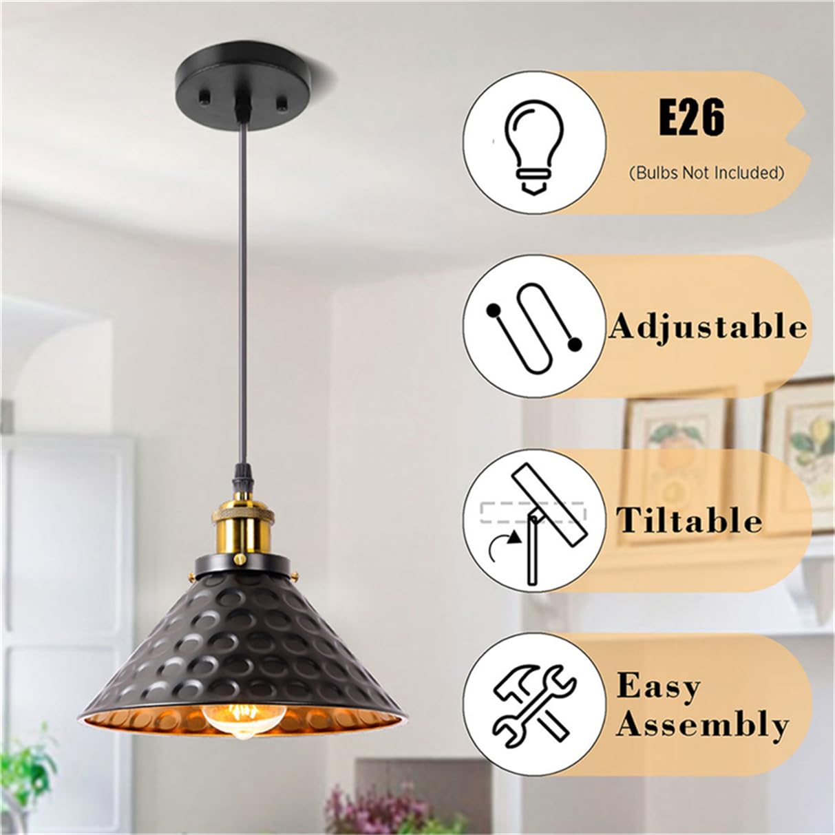 Lampada A Sospensione Vintage In Stile Rustico Con Paralume Nero