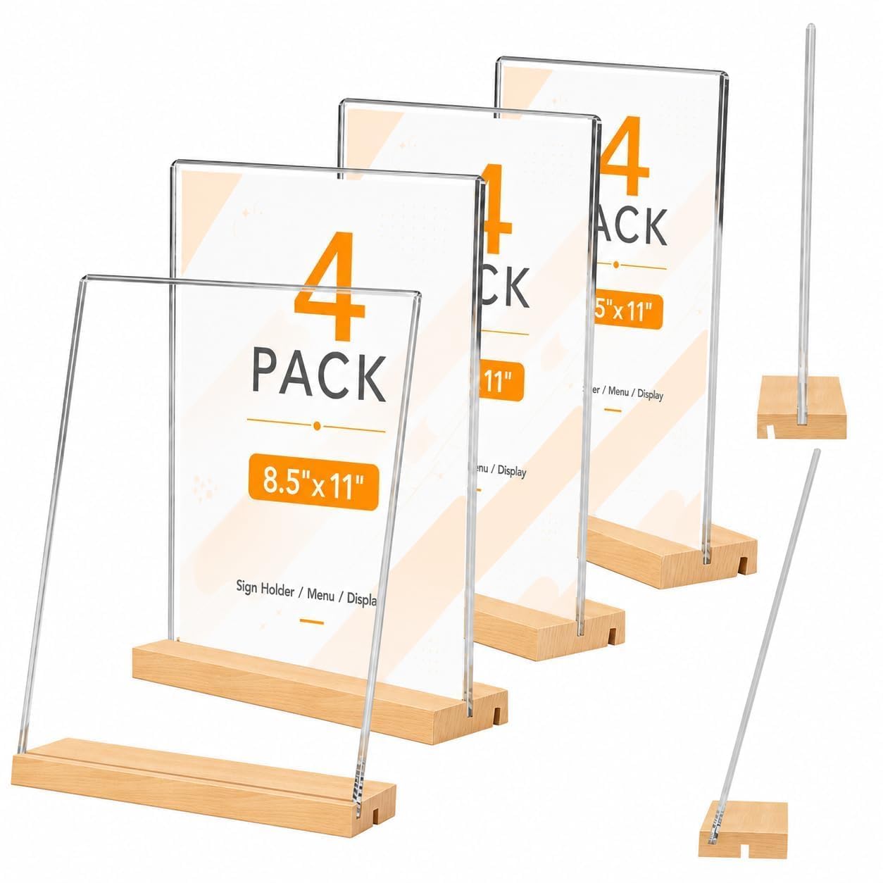 8.5x11 Acrylic Sign Holder with Wood Base 4 Pack Adjustable Vertical/Slant