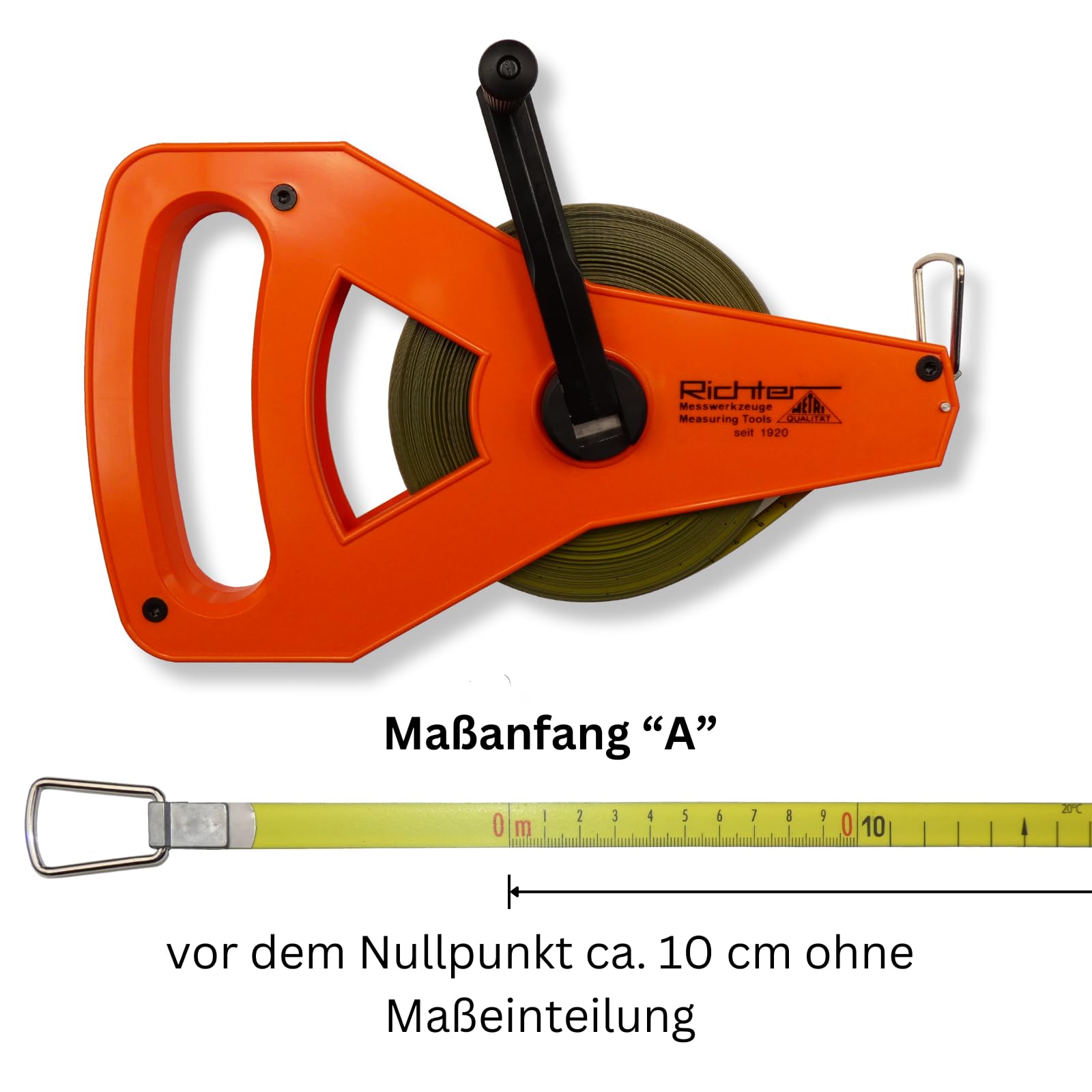 Metro A Nastro In Acciaio "METRI-POLYSAN" 13mm Con Telaio In Plastica Tipo "R" - 50m - Rivestito In Poliammide - Inizio Misura "A" - Scala In Cm - Set Con Metro Pieghevole DEWEPRO® 2m