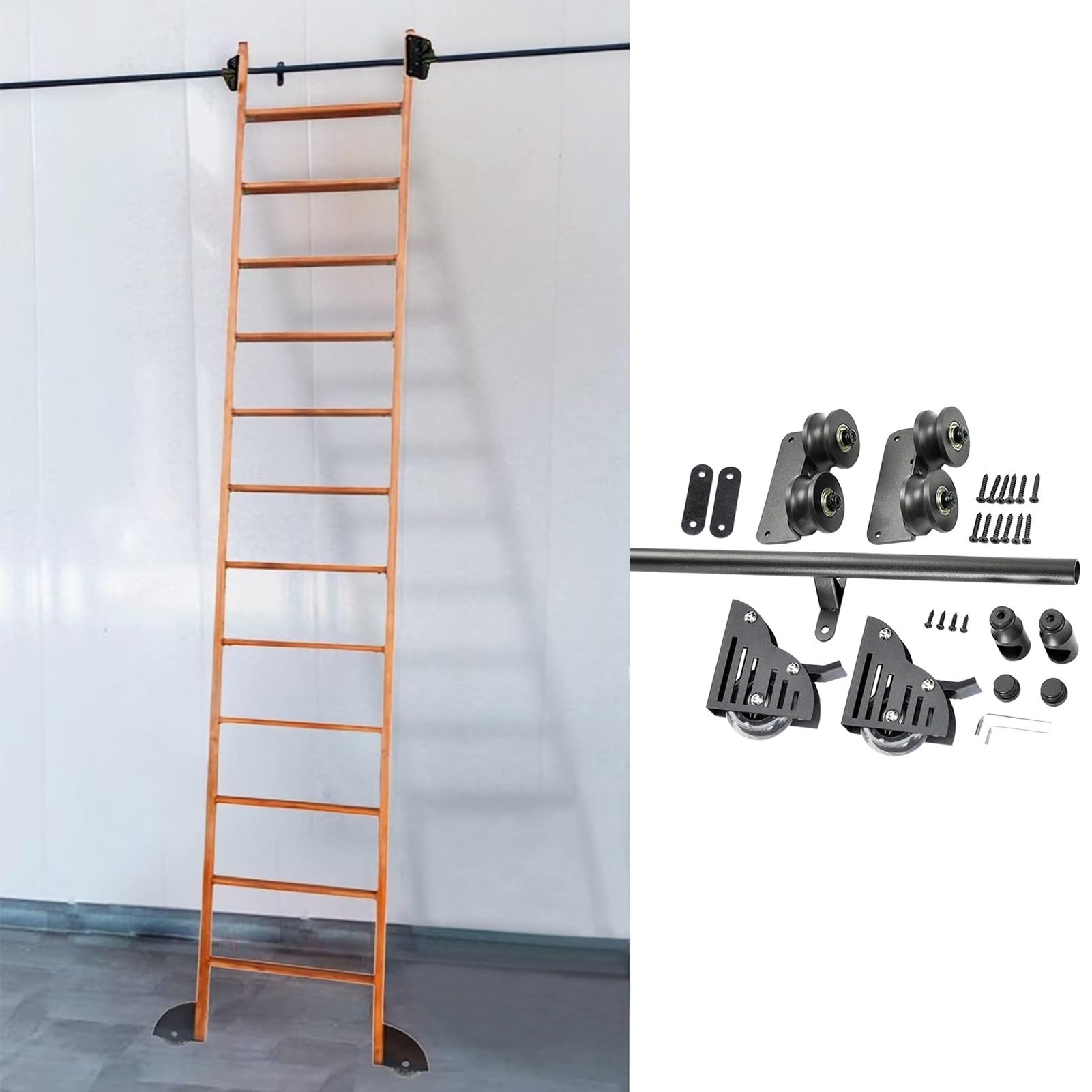 Rails d'échelle mobiles en tube rond acier noir pour bibliothèque avec kit complet roulettes