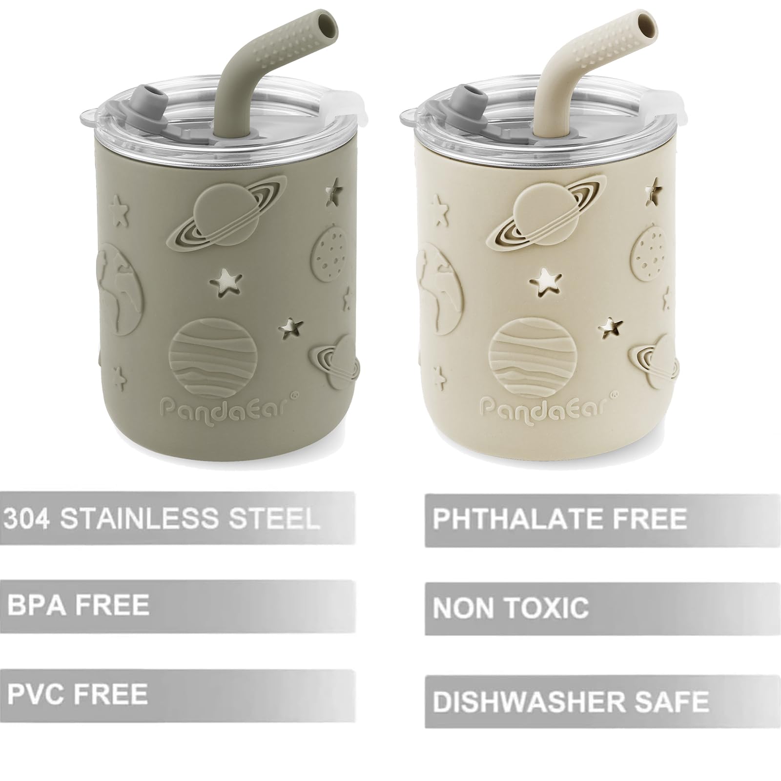 PandaEar Confezione da 2 Bicchieri in Acciaio Inox per Bambini con Coperchio e Manicotto in Silicone, Tazze Antigoccia da 260 ml con Cannuccia per Neonati e Neonate, Senza BPA (Beige & Khaki)