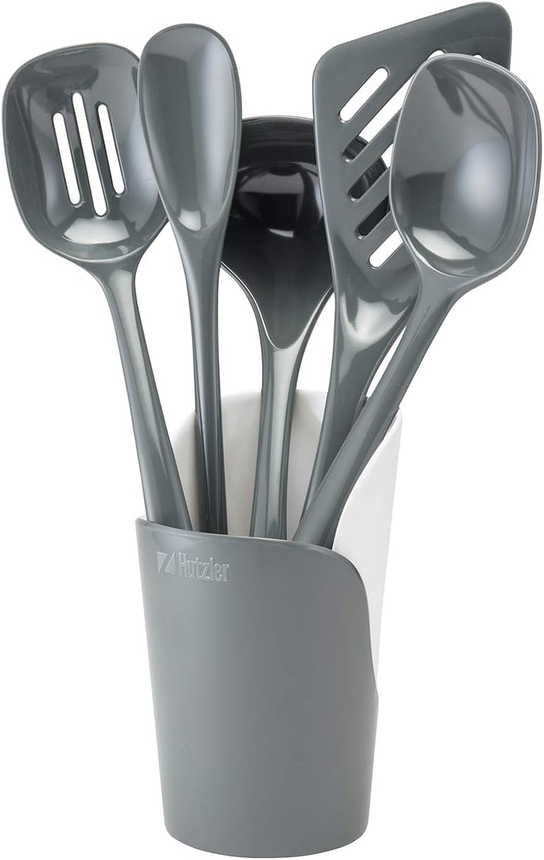 Hutzler 6-piece Melamine Cooking Utensils Set, Includes a 12-inch Long Slotted Spoon, Solid Spoon, Mixing Spoon, Slotted Turner, Soup Ladle, and Storage Crock, Gray