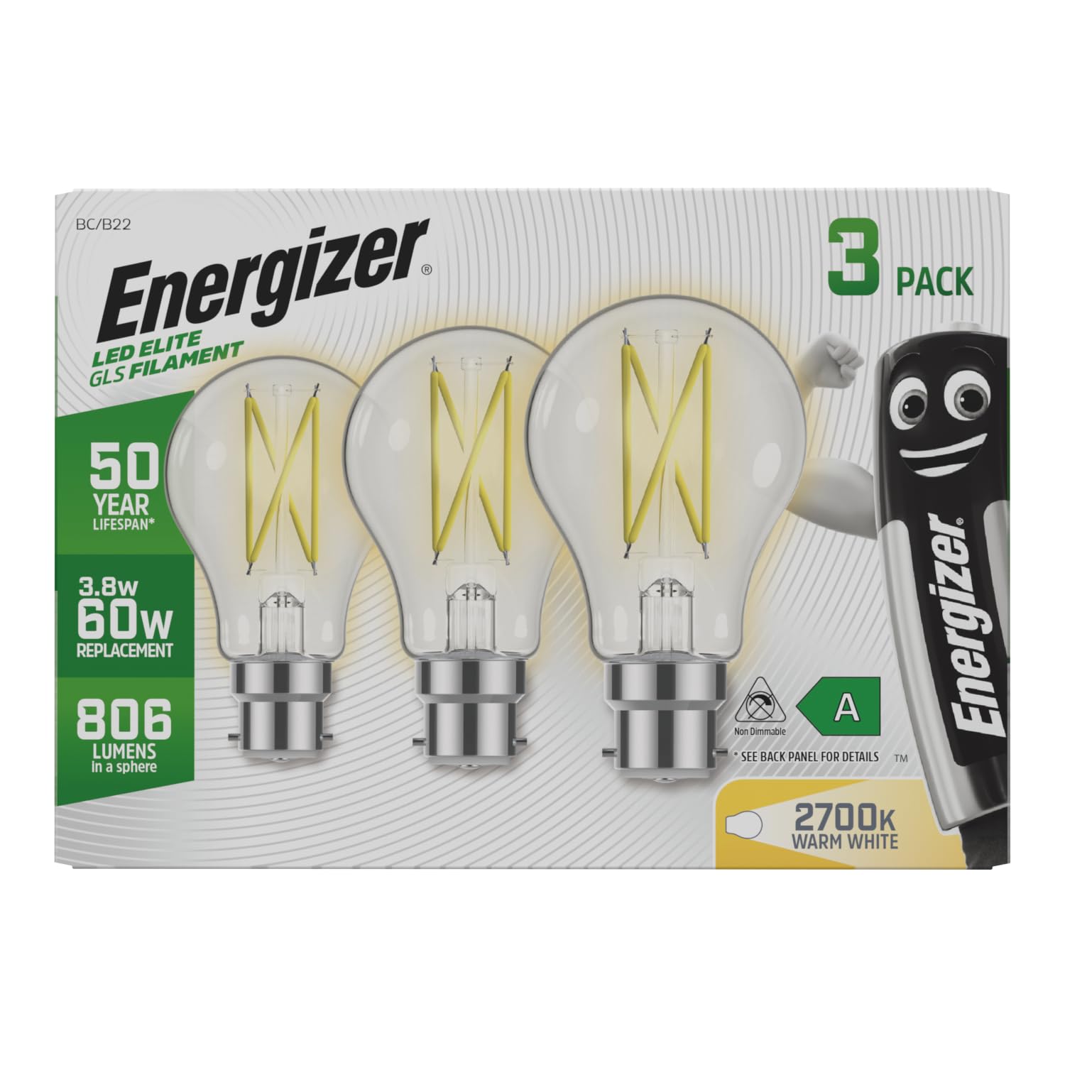Energizer Ultra Efficient - 50 Year Life Span - B22 Bayonet LED Light Bulbs - Ideal LED Bulbs for Fittings Featuring a Bayonet Light Bulb. Ultra Low Energy. Next Generation - Warm White - 3 Pack