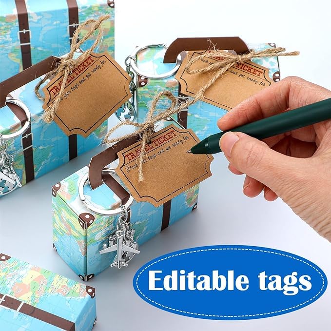 Lot de 50 mini valises avec carte du monde - Avec porte-clés en forme d'avion, billet de voyage et ficelle de jute pour fête sur le thème du voyage, fête prénuptiale, décorations de mariage
