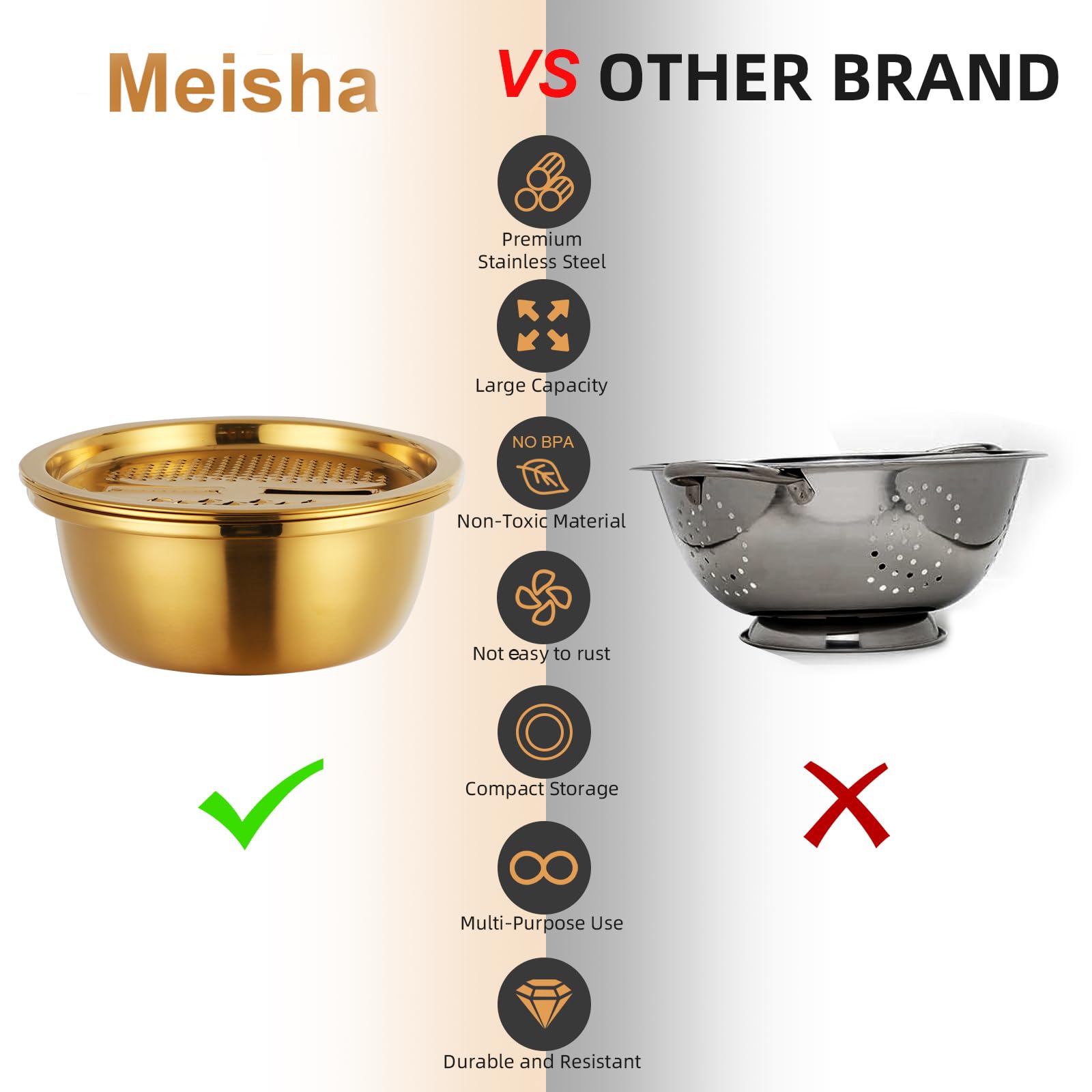 Meisha - Colador de 3 piezas, herramienta de cocina de acero inoxidable, cesta de drenaje 3 en 1, cortador de frutas y verduras, juego de cuencos, rallador de cesta de drenaje para frutas, verduras, 6