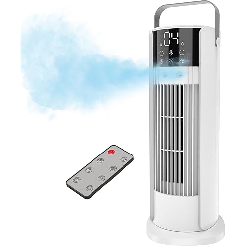 16'' Misting Tower Fan, 700ml Tank, 90° Oscillating Fan w/Remote, Bladeless Desk Fan, 4 Speeds, Timer, Cooling Fan for Bedroom, Desk, Table, Office, Room