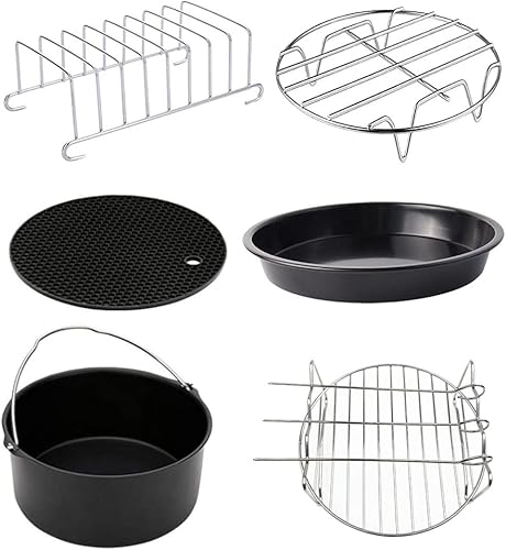 SOLUSTRE Freidora de aire de acero inoxidable, 6 piezas, accesorios universales de freidora de aire de 6 pulgadas, sartén para hornear, freidora de