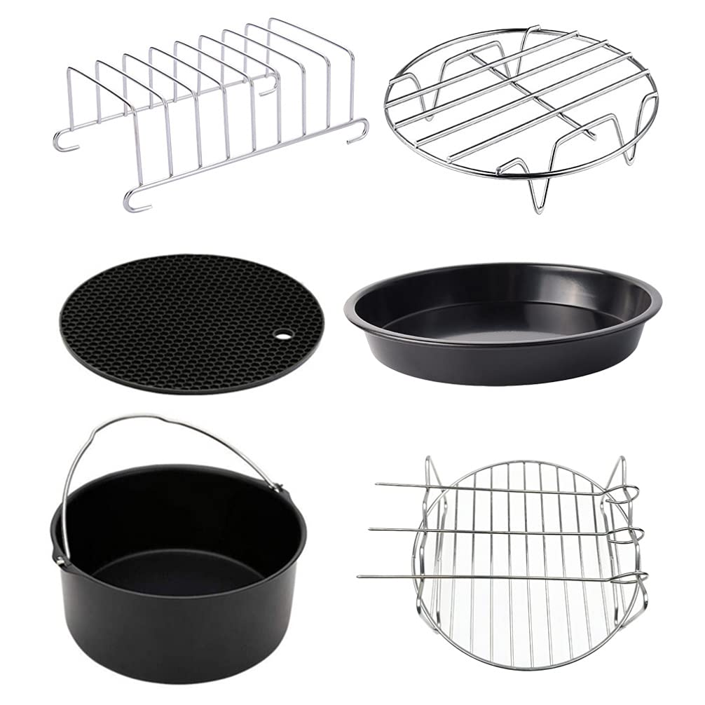 SOLUSTRE 6 Stück Backzubehörset für Heißluftfritteusen 6 Zoll aus Edelstahl | Frittierpfanne, Backblech, Rost und Pizzablech, für Backen und Schokokuchen, Spülmaschinengeeignet