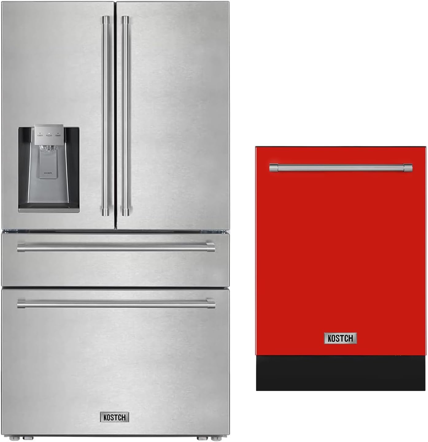 KOSTCH 2 Set - 36 inch 21.6 cu. ft. French Door Refrigerator/Fridge with Ice and Water Dispenser, & Large Capacity 24 inch Top Control Built-In Dishwasher, 45-dBA Ultra-Quiet (Red-SS)