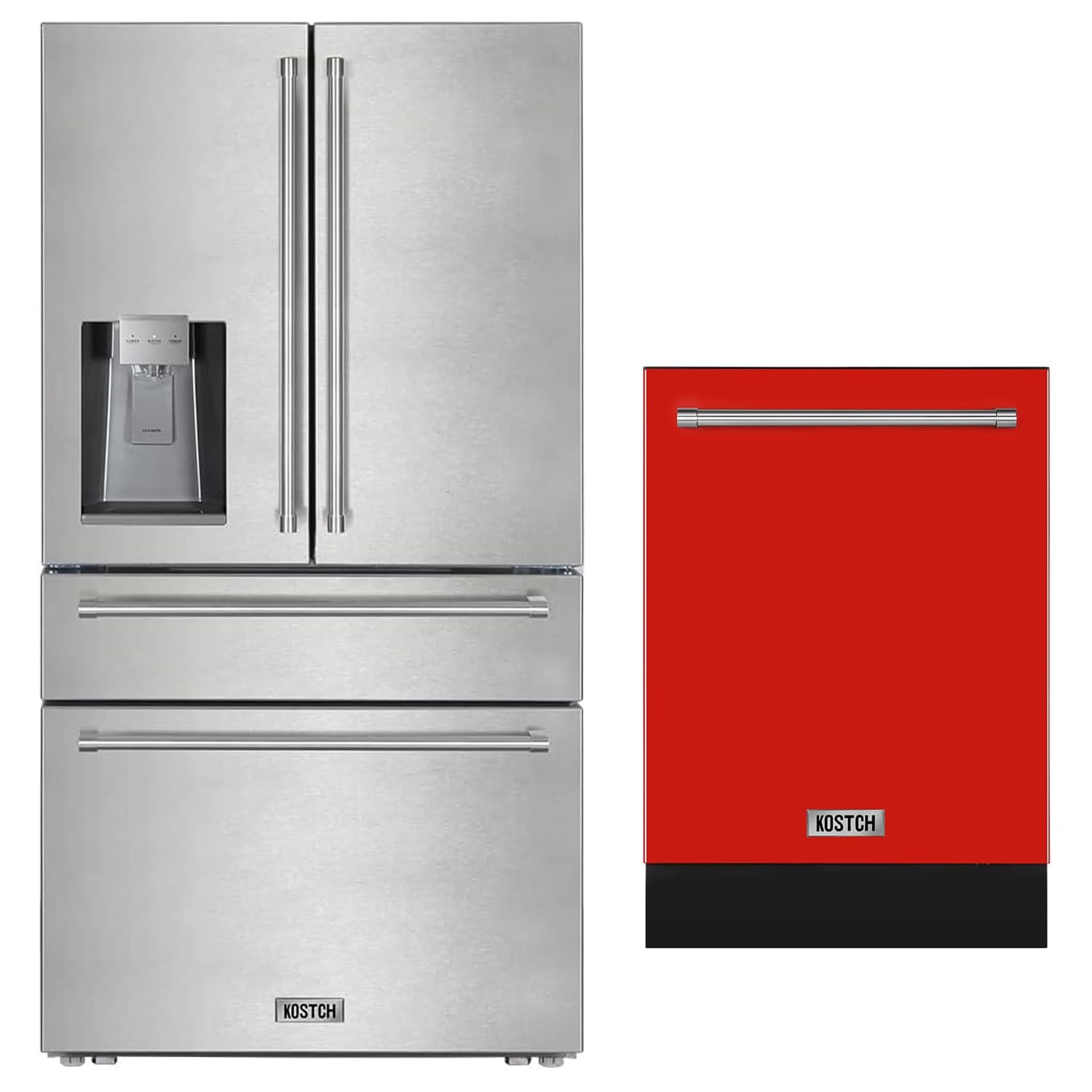 2 Set - 36 inch 21.6 cu. ft. French Door Refrigerator/Fridge with Ice and Water Dispenser, & Large Capacity 24 inch Top Control Built-In Dishwasher, 47-dBA Ultra-Quiet (Red-SS)