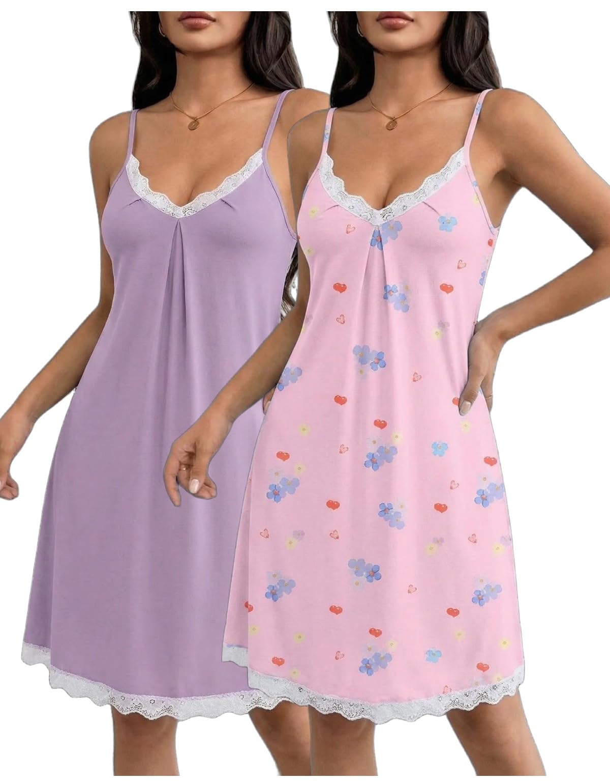Ekouaer 2er Nachthemd Damen Ärmellos Nachtkleid Sexy Träger Nachtwäsche Spitze V-Ausschnitt Unterkleid Negligee Schlafshirt S-XXL