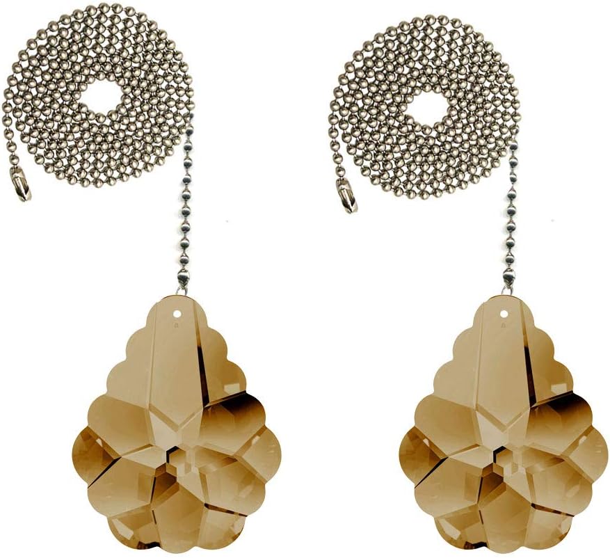Ceiling Fan Pull Chain 2-inch Swarovski Golden Teak Pendeloque Prisms Austrian Crystals Set of 2