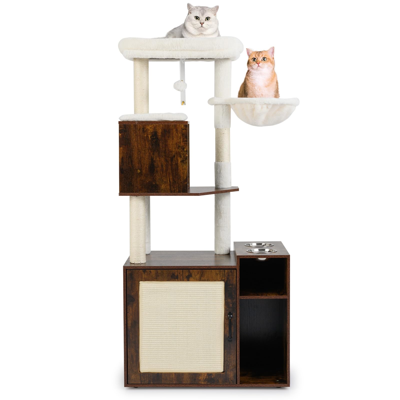 COSTWAY Albero per Gatti con Mobile per Lettiera Alto 155 cm (Marrone) | Tiragraffi per Gatti con Posto Graffio in Sisal e Tappetino, Pallina Pendenti, Toilette Nascosta e 2 Ciotole per Cibo