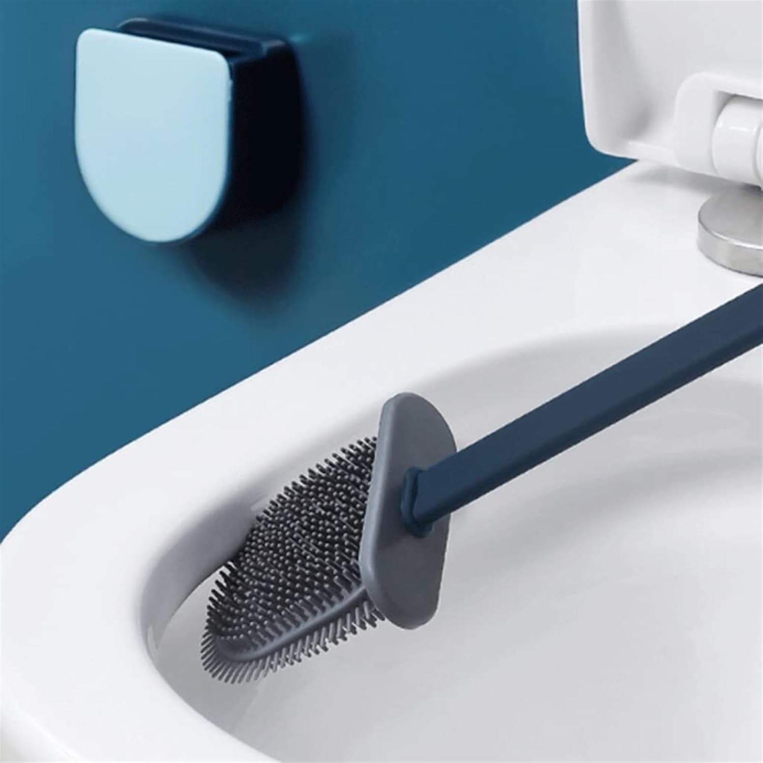 Toilet Brush Creative Semi-Automatic Opening and Closing Toilet Bowl Brush Long Handled Scrub Brushs Holder Set(Blue)