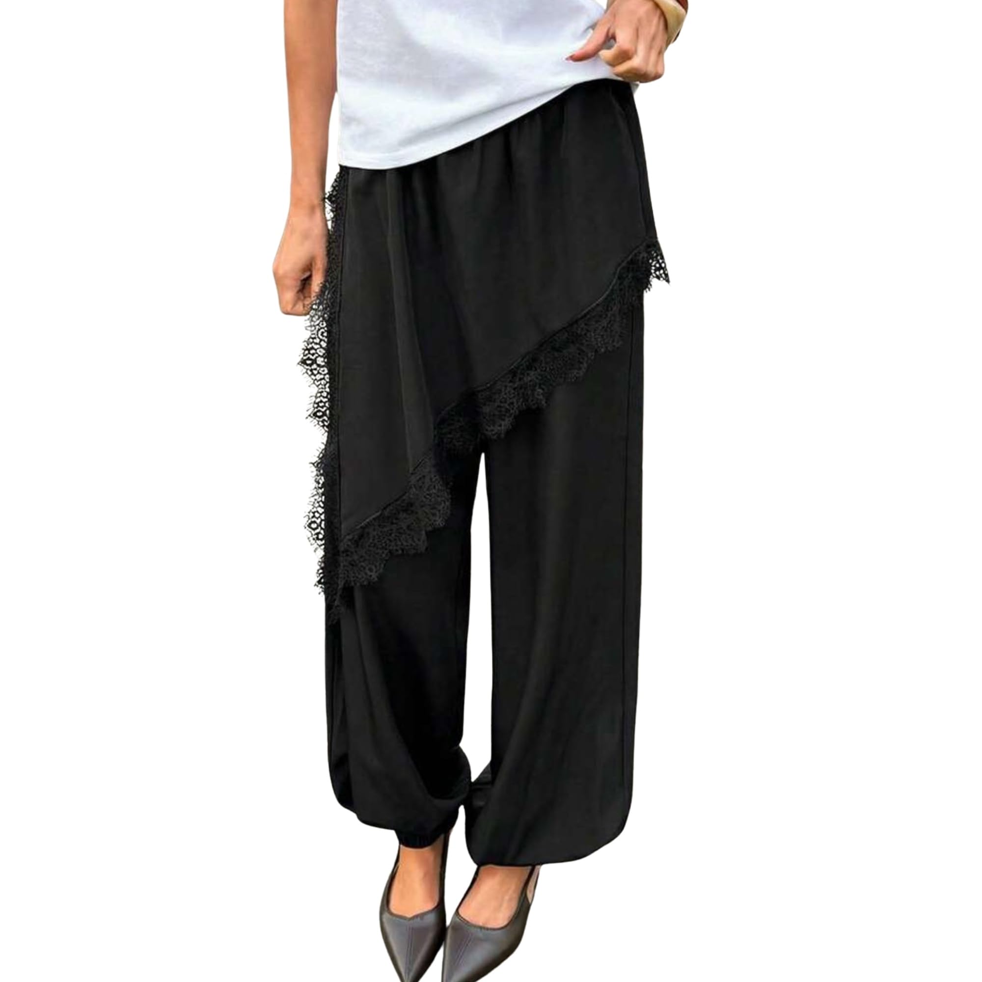 Women's Pure Cotton Double Layered Pants with Nylon Lace Detail | High Rise Relaxed Fit Korean Style Bottom Wear for Office, College, Travel, Casual Outings & Everyday Fashion |Black|XS-picture-43