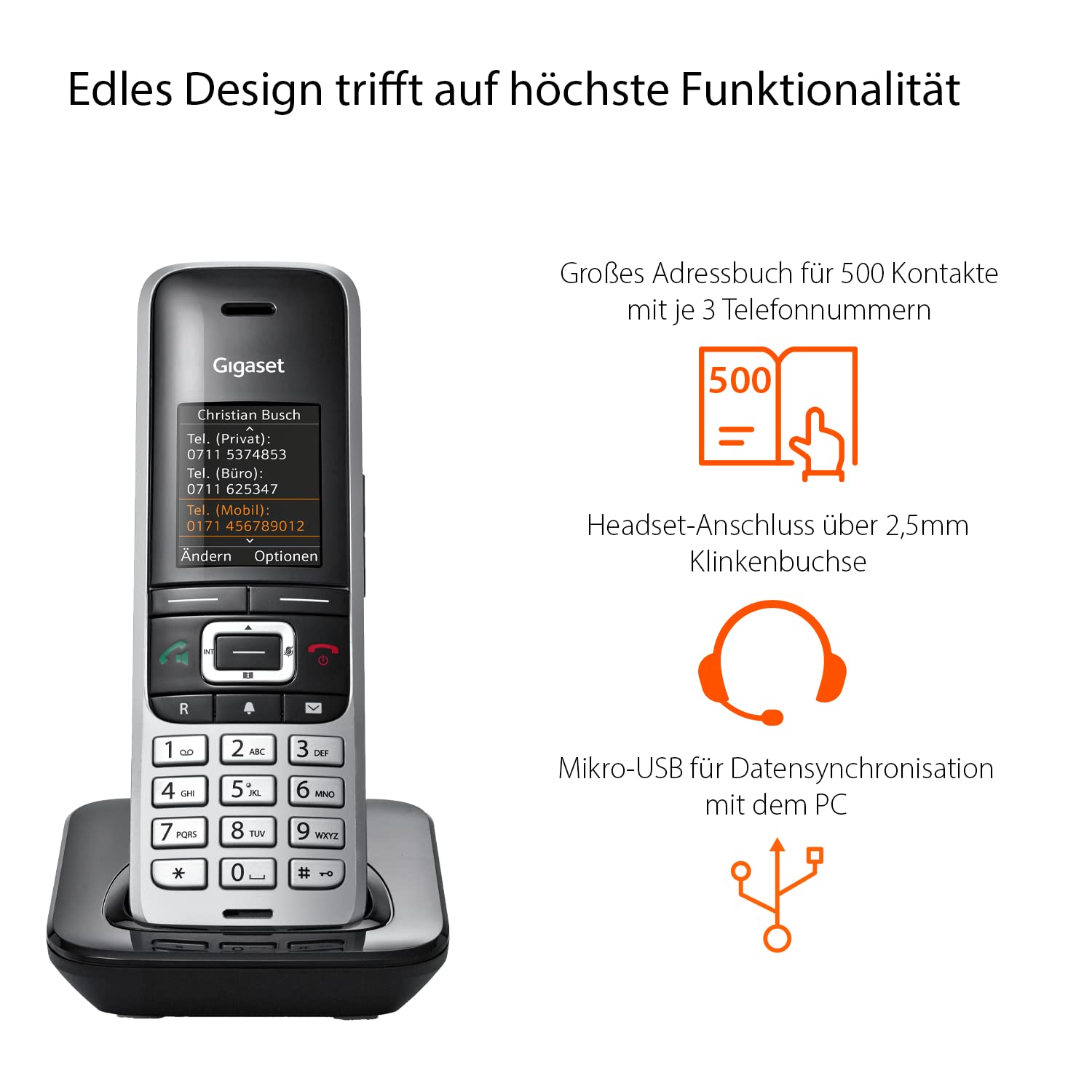 Gigaset PREMIUM 100HX - DECT-Mobilteil mit Ladeschale - Fritzbox-kompatibel - Schnurloses Telefon erweiterung für Router und DECT-Basis - Datensynchronisation per USB, top Akustik, platin-schwarz