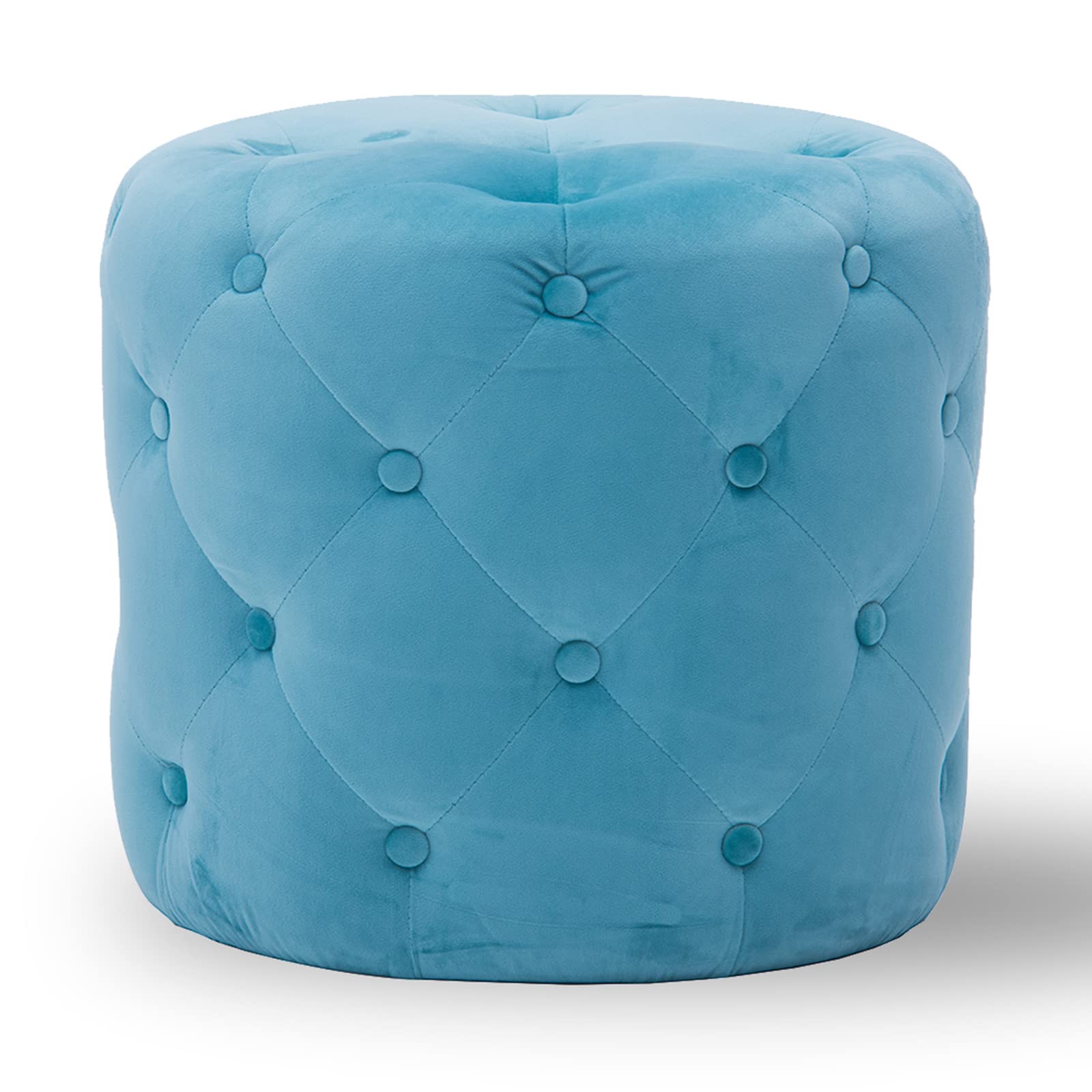 Round Tufted Velvet Ottoman,Modern Solid Wood Frame Foot Rest Stool for Living Room Hosting Room Bedroom,Upholstered Comfy Foot Stool-Blue 45x45x41cm(18x18x16inch)
