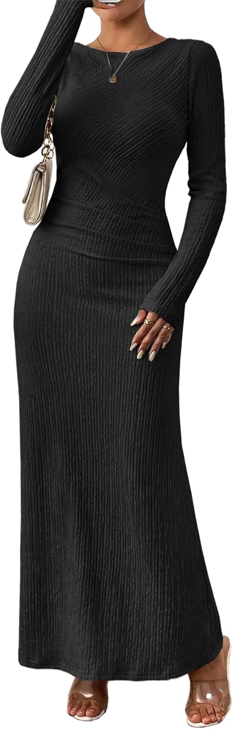 MITILLY Fall Dress for Women 2025 Long Sleeve Maxi Dress Formal Crew Neck Bodycon Ruched Cocktail Party Dresses