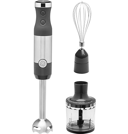 GE Immersion Blender | Handheld Blender for Shakes, Smoothies, Baby Food & More | Includes Whisk & Blending Jar | 2-Speed | Interchangeable Attachment for Easy Clean | 500 Watts | Stainless Steel