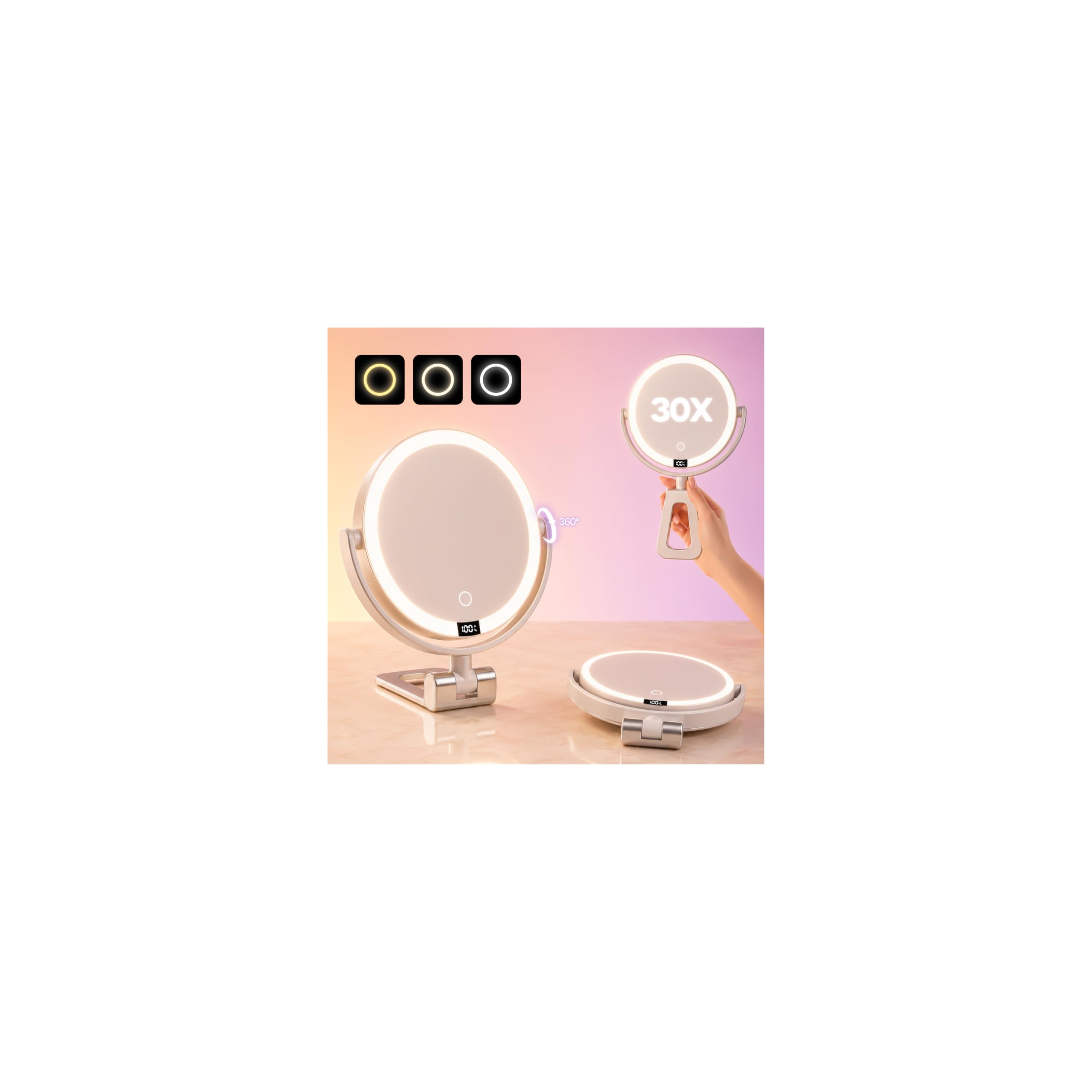 1X/30X Makeup Mirror with Lights, Rechargeable Magnifying Mirror | 7 in Tabletop, 70 LEDs, 3 Color Dimming, Battery Display, 360 Rotation, 2000mAh Battery for Desk, Dorm, Travel, Gift