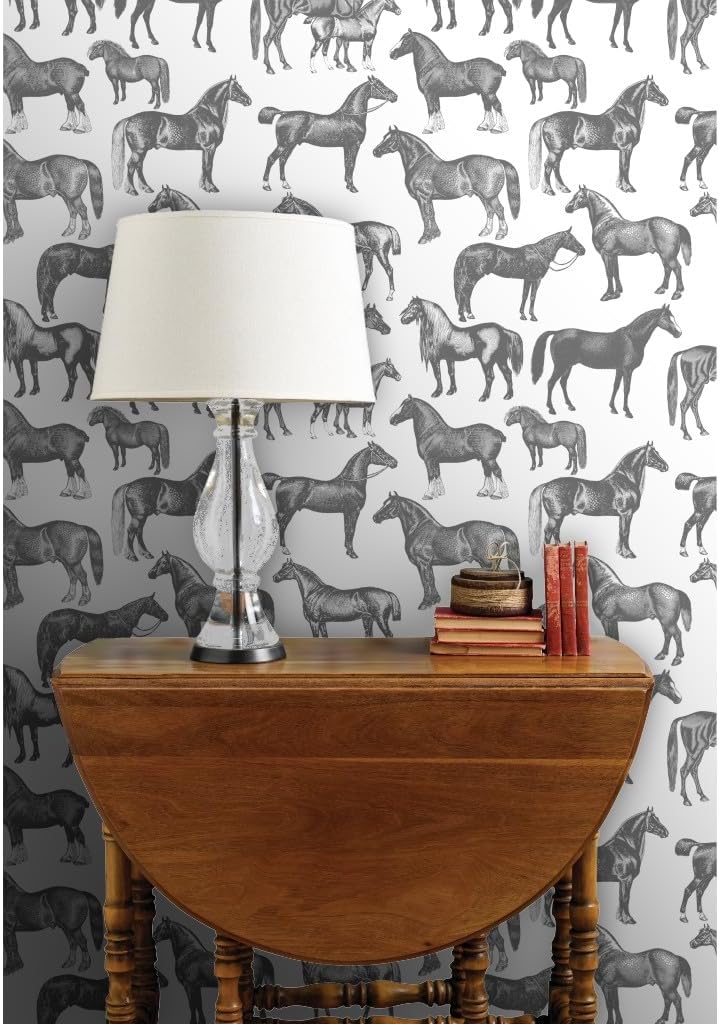 Spoonflower Commercial Grade Wallpaper 27ft x 2ft - Victorian Horses Large Print Black White Vintage Style Pony Equestrian Traditional Wallpaper