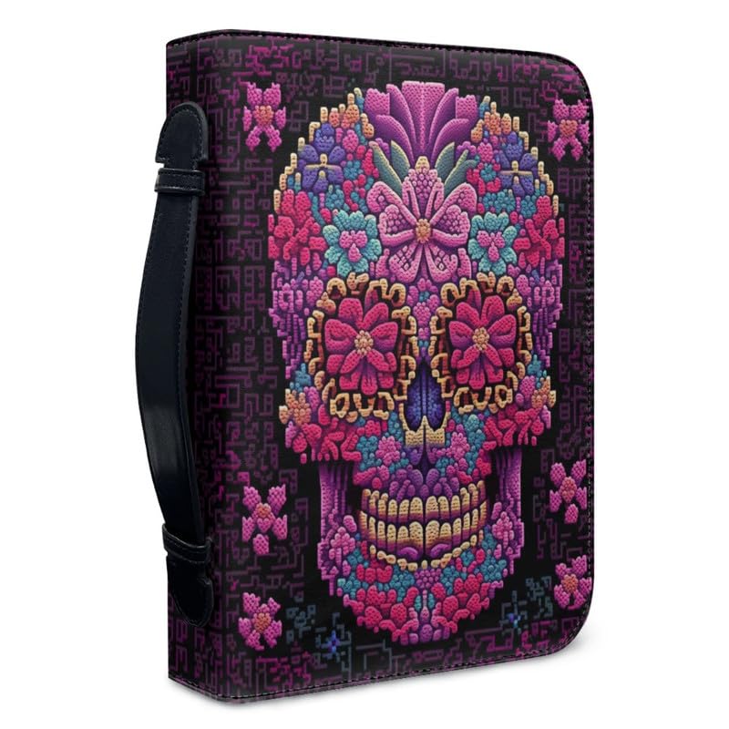 Garronmavis Pixel Skulls PU Leather Bible Case for Women Flower Skull Skull Painting Bible Bag, Halloween Bible Protective Bags - M