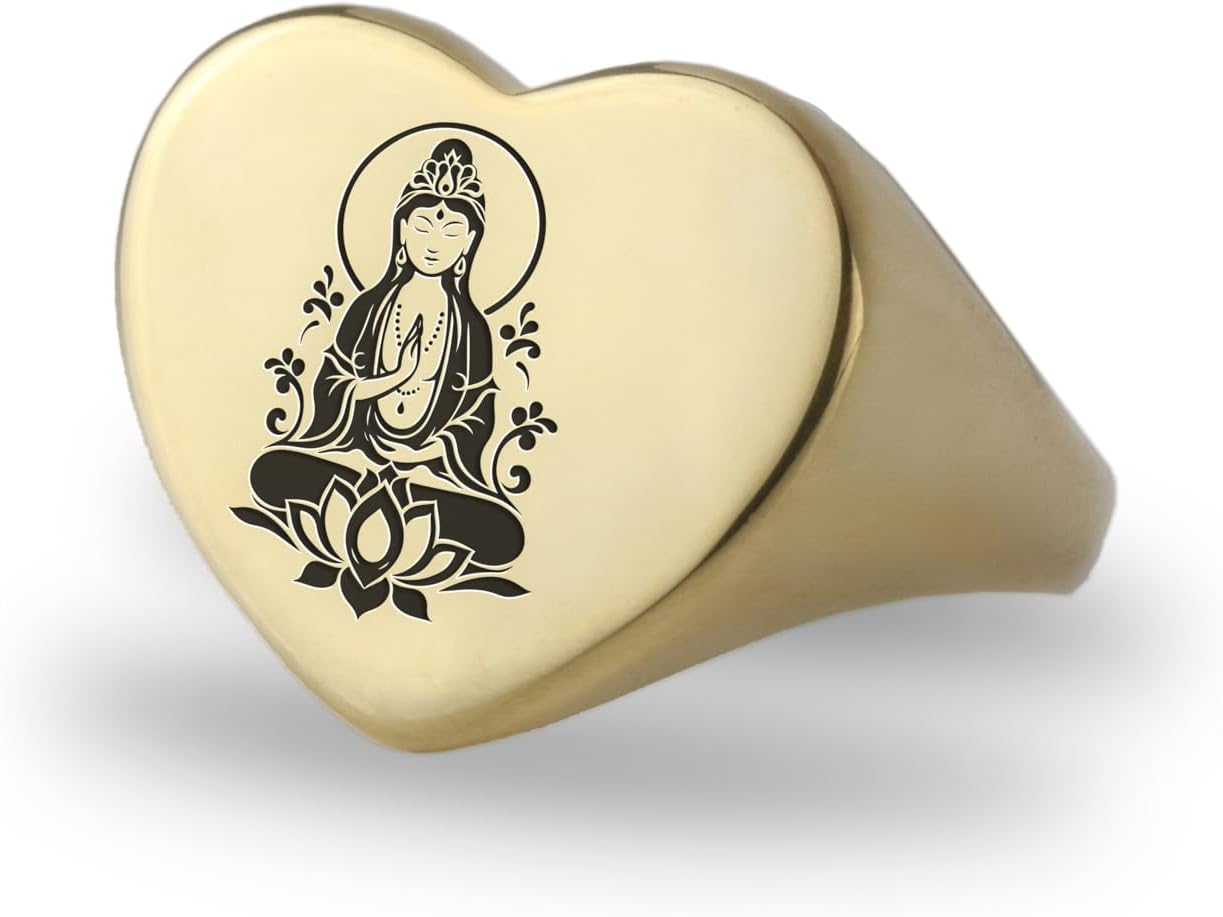 Kuan Yin Gold Signet Ring - Heart Shaped Chinese Statement Asian Design