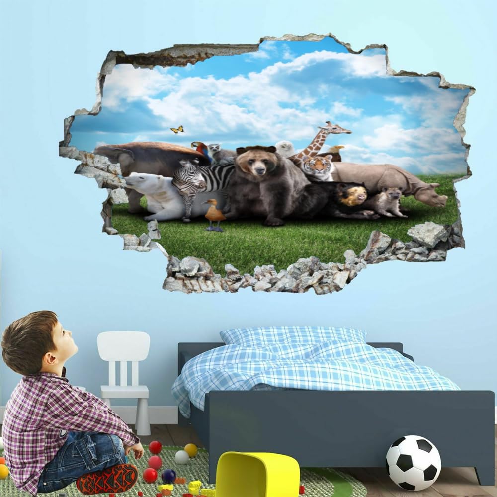 Sticker Mural 3D Ours Animal Stickers Muraux Smashed Art Imperméable Ciel Bleu Et Nuages Blancs Tatouage Mural En Vinyle Pour Enfants Chambre Salon Salle De Jeux Bébé Pépinière Décor À La Maison