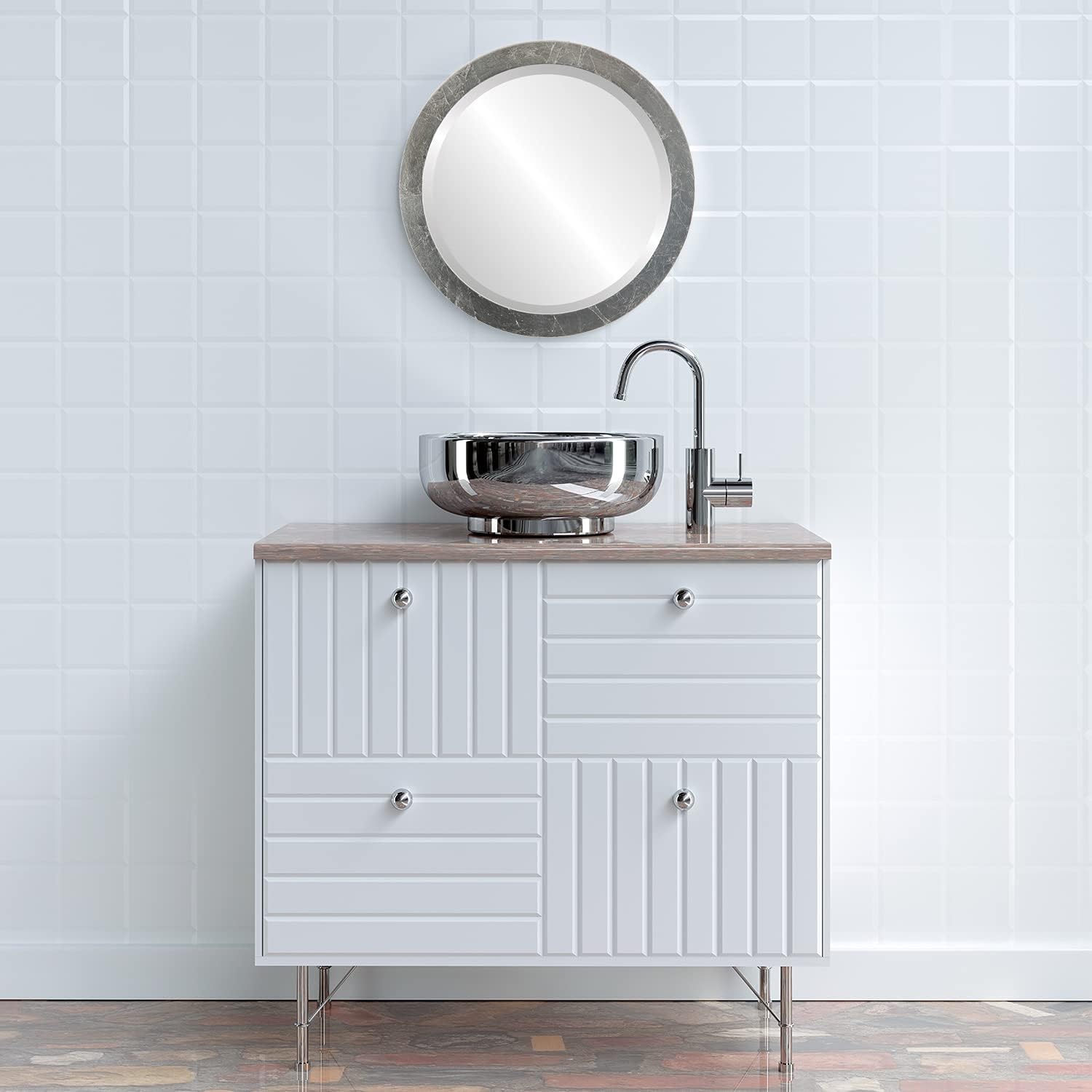 OVALCREST Round Beveled Wall Mirror for Home Decor - Manhattan Style - Silver Leaf with Brown Antique - 16x16 Outside Dimensions