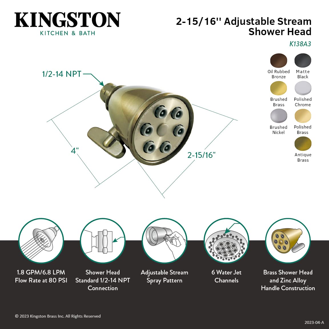 Kingston Brass K138A3 Cabezal de Ducha Jet Spray, Latón Envejecido
