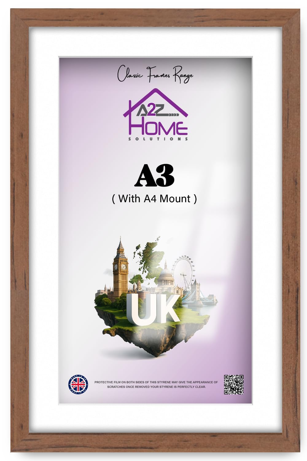 A2Z Home Solutions Handcrafted Walnut Wood Poster Picture Frame A3 29.70 X 41.90 Cm With A4 21.00 X 29.70 Cm White Mount Styrene For Portrait Landscape Display Anniversary Birthday Wedding