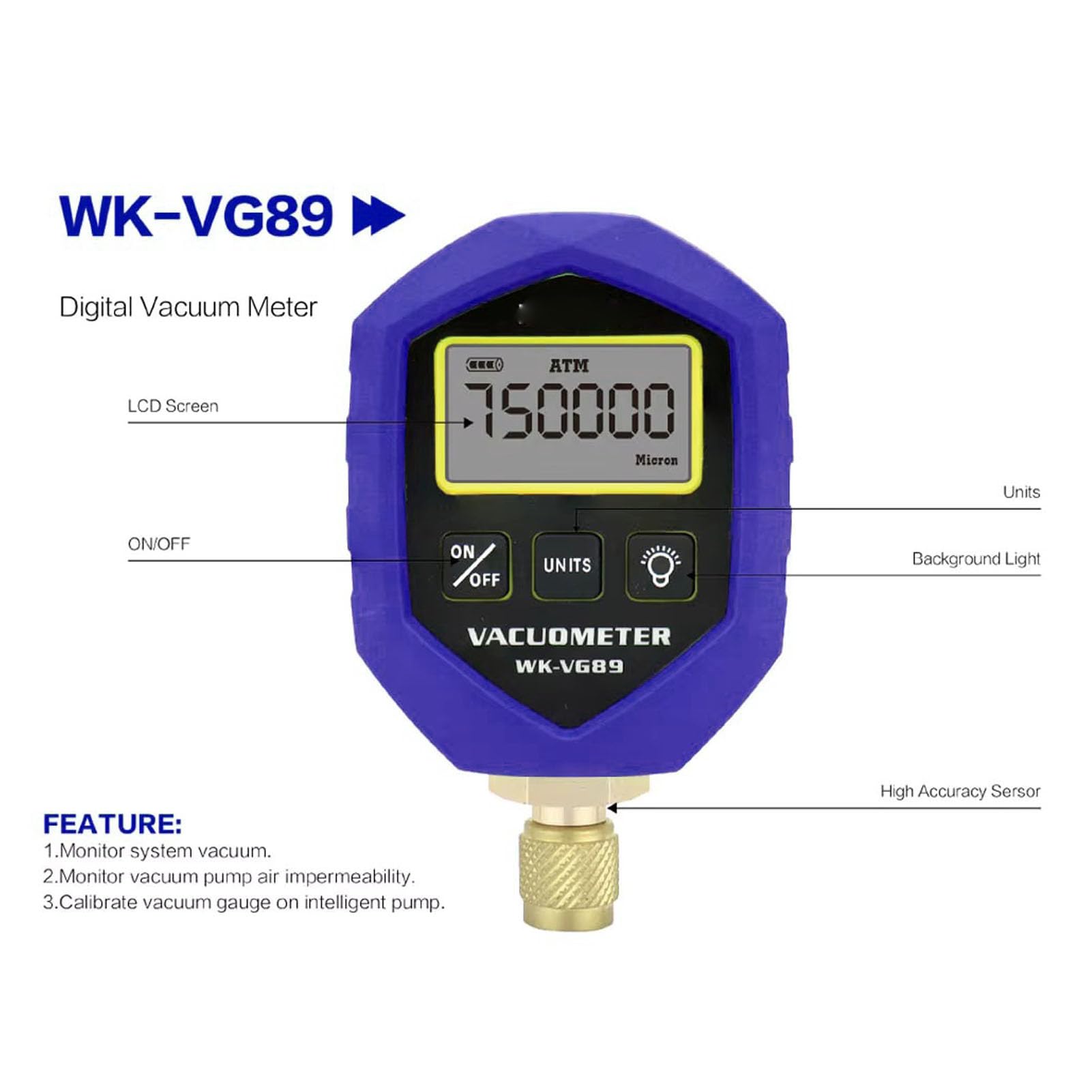 ASHATA HVAC Cyfrowy Wakuometr 750000 do 0,75 Mikrona do AC