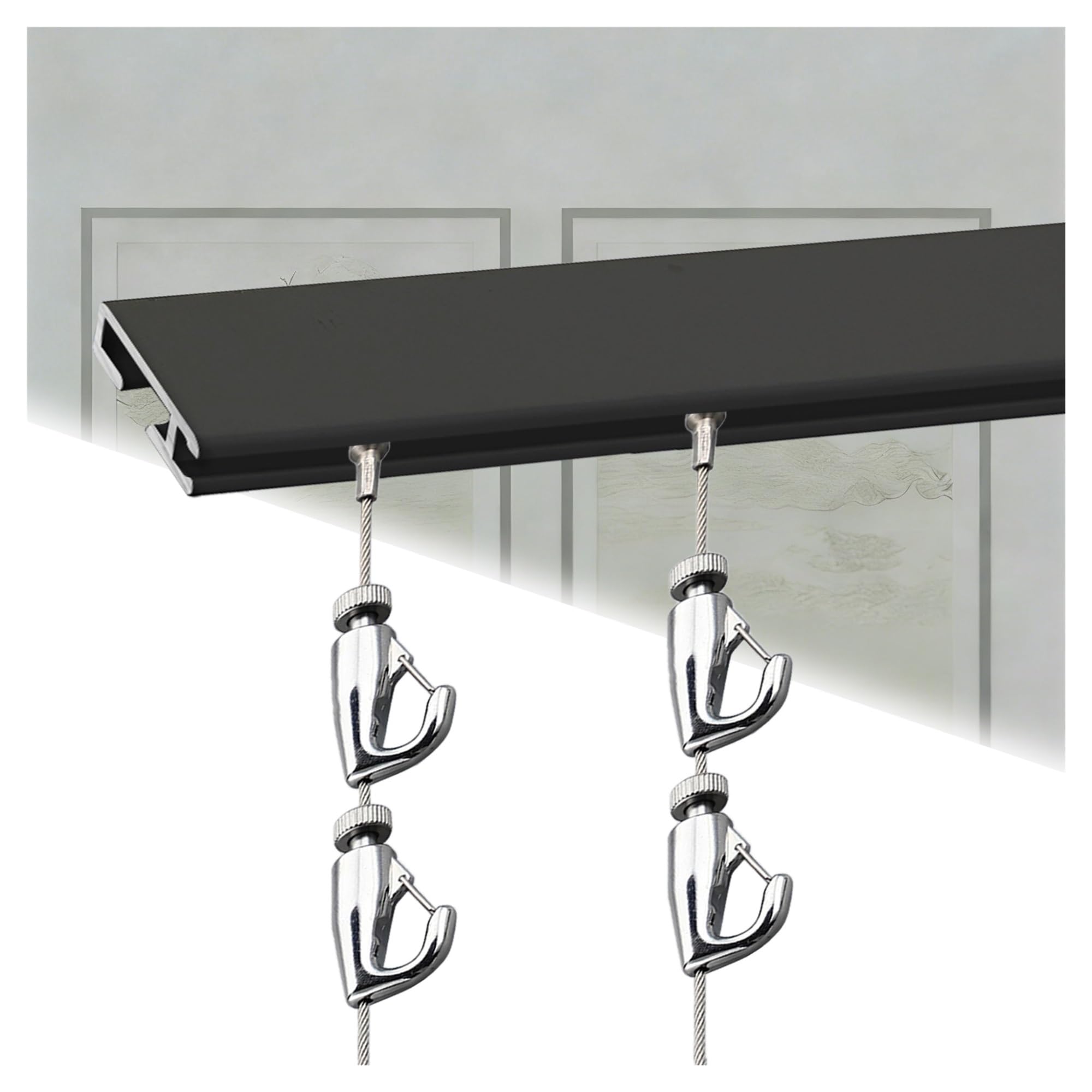 Rail de suspension pour tableaux et décoration murale | Kit de 1,5 M avec crochets noirs