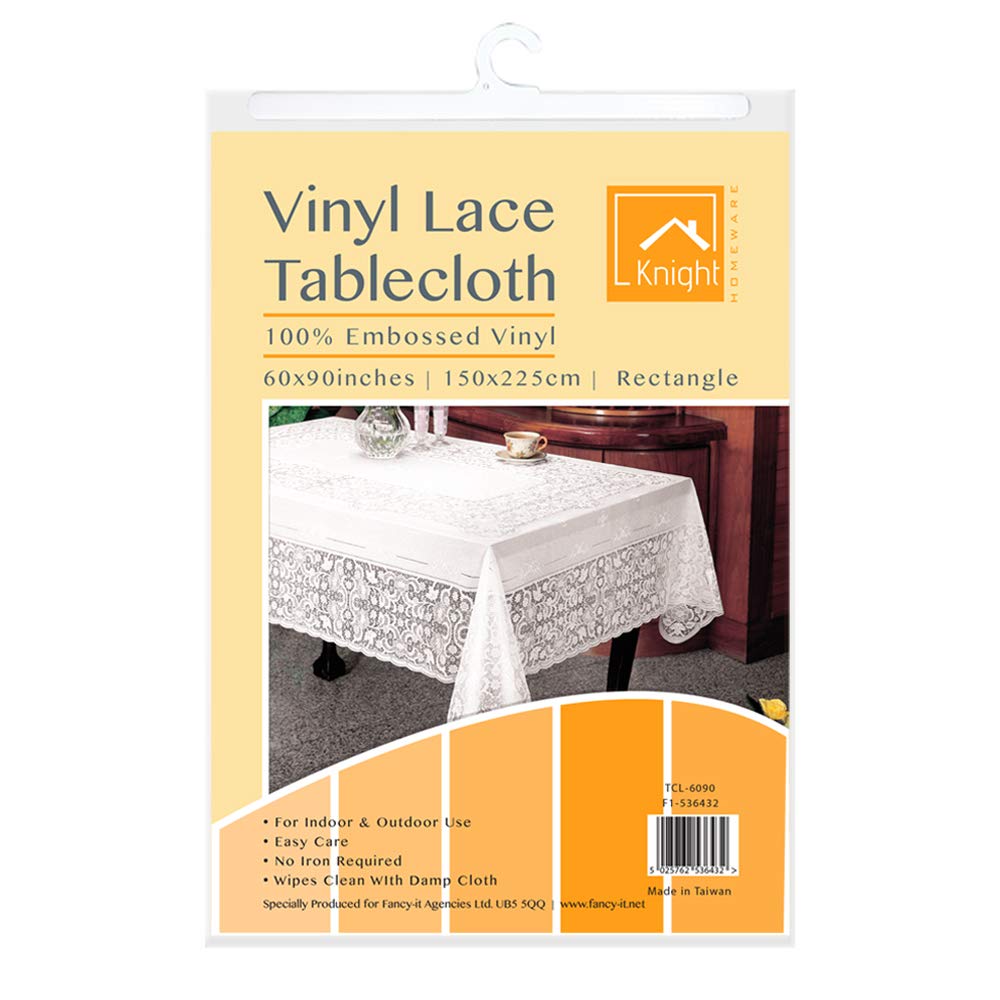 Knight 100% Embossed Vinyl Lace Waterproof Table Cloth Wipe Clean Assorted Sizes & Shapes Rectangle | Square | Round | Oval | Table Cloth ​| Wipe Clean - White (Rectangle 150x225 CM)