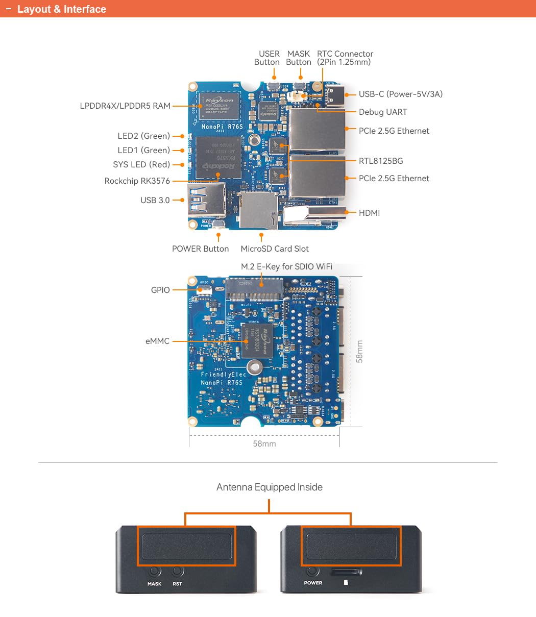 NanoPi R76S RK3576 Routeur Octa-Core 2,5 G, 3/4 Go LPDDR4X 0/64 Go eMMC, 6TOPS NPU, Dual 2,5 GbE, M.2 SDIO, USB 3.2, 4K HDMI, Mini IoT Gateway (3 Go de RAM - sans eMMC, avec carte TF 64 Go et bloc