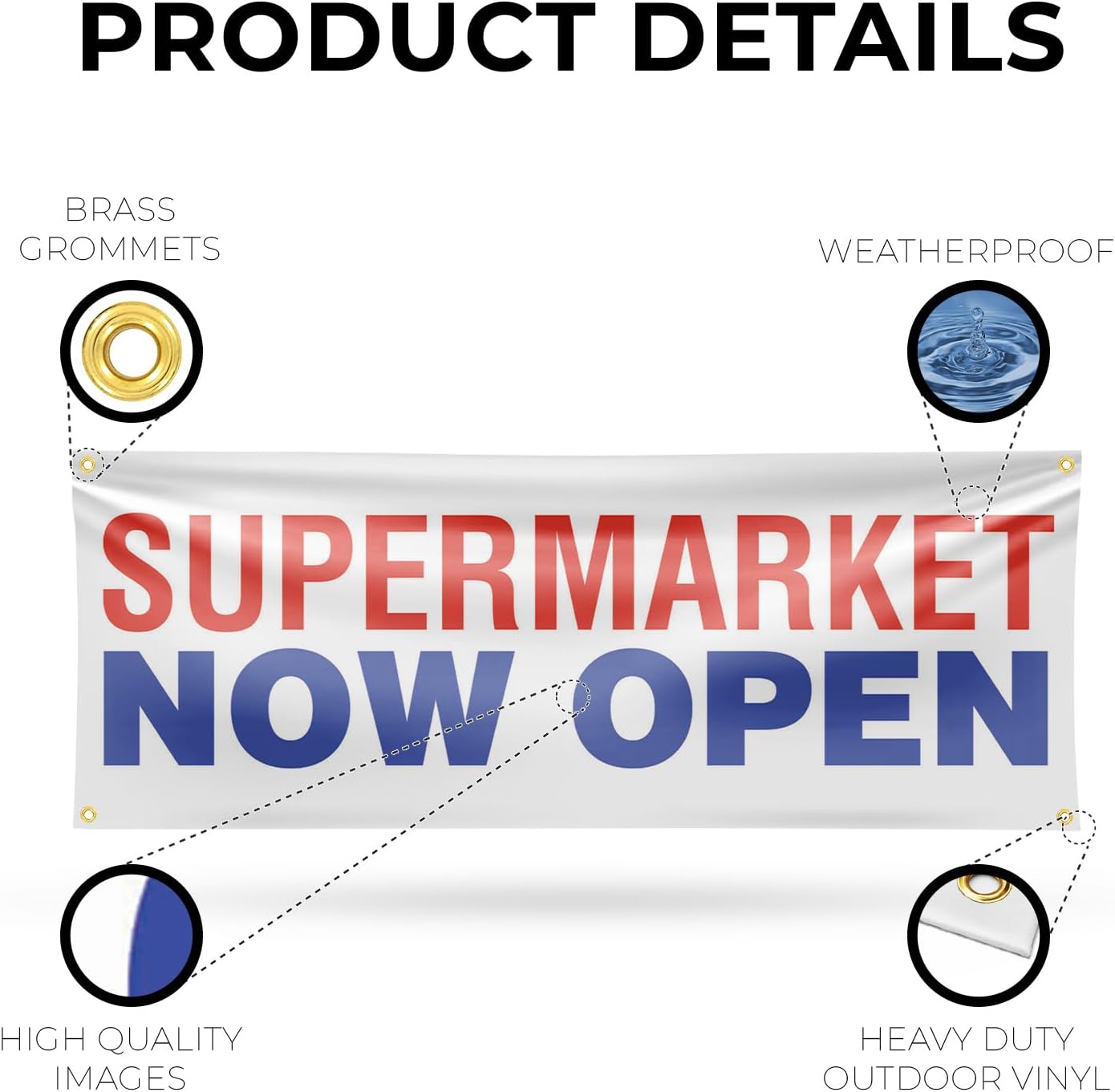 Supermarket Now Open Banner Sign 18 Inch x 48 Inch | 13 oz Vinyl with Metal Grommets | Heavy-Duty Single-Sided Outdoor Durable Printed High-Quality Weatherproof | Made in the USA