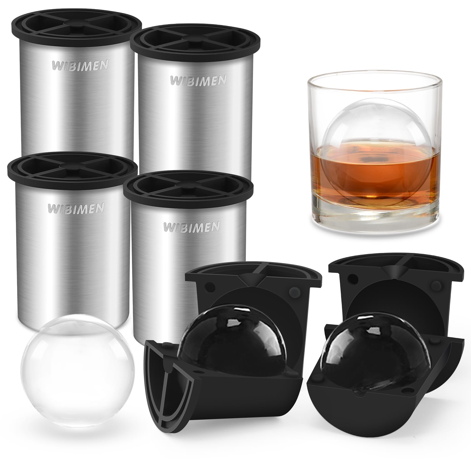 Eiswürfelbereiter – 6,3 cm Kugel – Edelstahl klar Eiswürfelbereiter – kompaktes Design – für Whiskey, Cocktails, Bourbon – 4 Stück