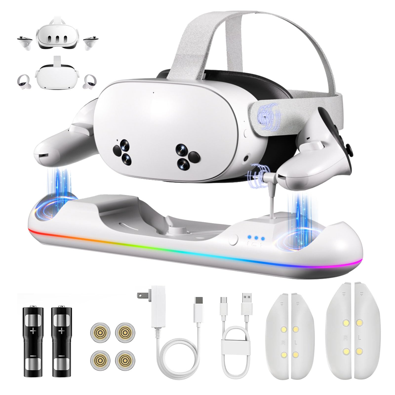 Ladestation für Meta Quest 3/3S/2, Magnetische VR-Station mit Schnellladung, USB-Ausgang, RGB-Beleuchtung, 2 wiederaufladbare 2100mAh-Batterien, Zubehör für Oculus Quest Headset und Controller