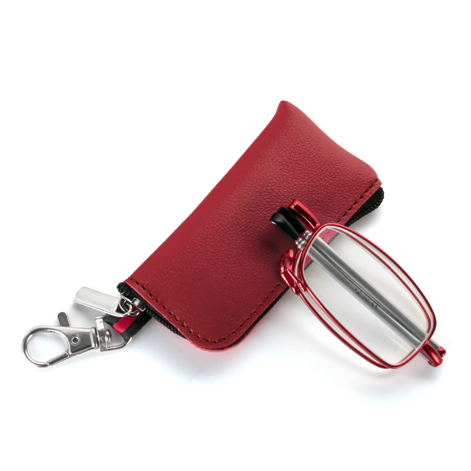 MMOWW Faltbare Lesebrille für Damen und Herren mit Teleskopstange mit Reißverschluss Schlüsselanhänger Mini Blaulichtfilter Brillen (Rot, +1,5)