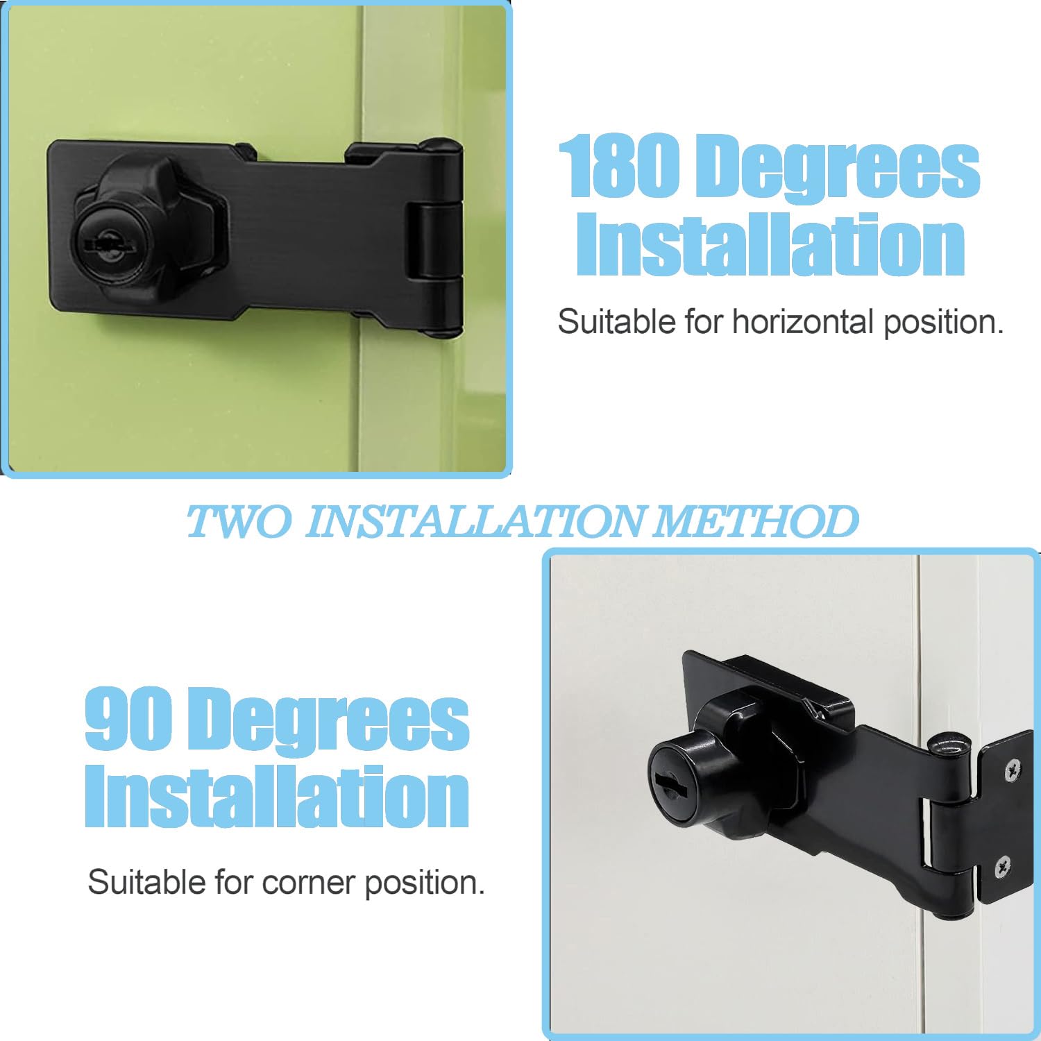 Litensh Keyed Hasp Lock Right Angle 90 Degrees Lock Hasp Twist Knob Keyed Locking Hasp Shed Locks Door Clasp Door Bolt Latch Buckle Hasp with Padlock Keys for Cupboard (2.5 Inch Black) - Image 2